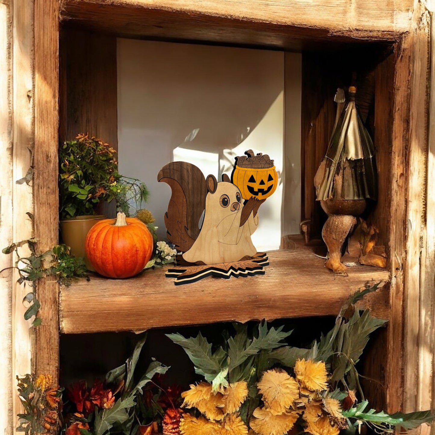 Halloween decor squirrel dressed as ghost shelf sitter