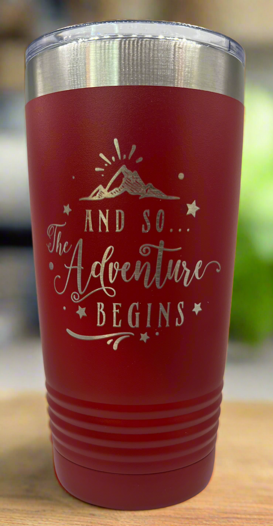 Red 20oz tumbler Adventure Begins