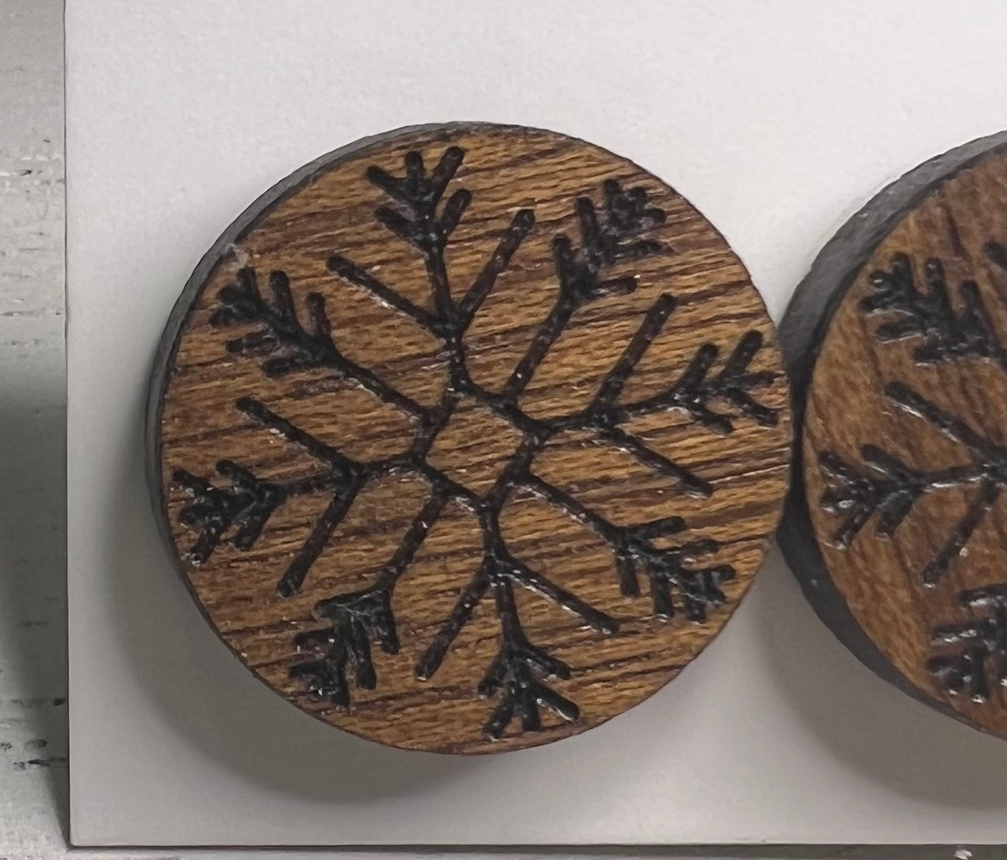 Wood snow flake engraved stud earrings