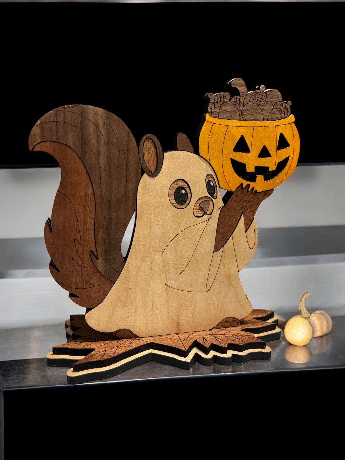 Halloween decor squirrel dressed as ghost shelf sitter